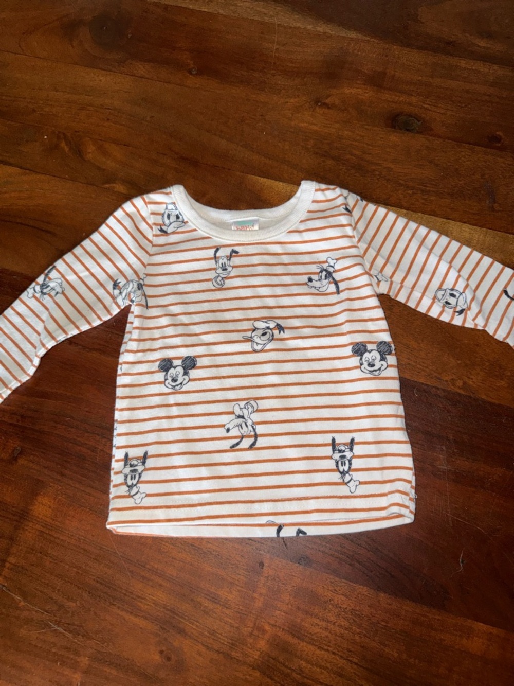 Disney Long-Sleeve Striped Tee - White & Orange with Navy Mickey Faces‎